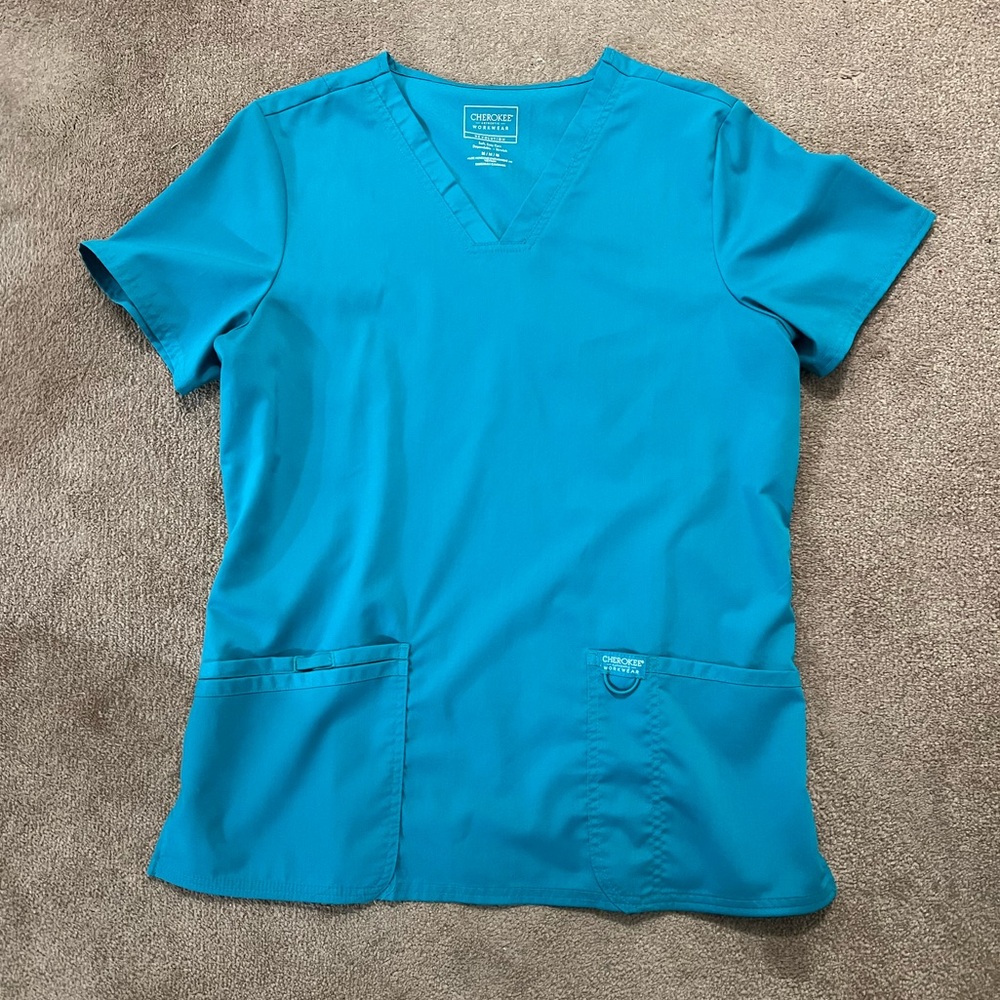 Cherokee Workwear Women's V-Neck Solid Teal Scrub Top (Size Medium)